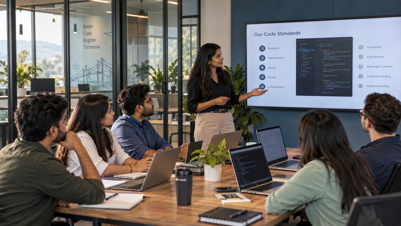Software engineers conducting peer code reviews, W3C validation, and accessibility tests at dual-monitor coding workstations