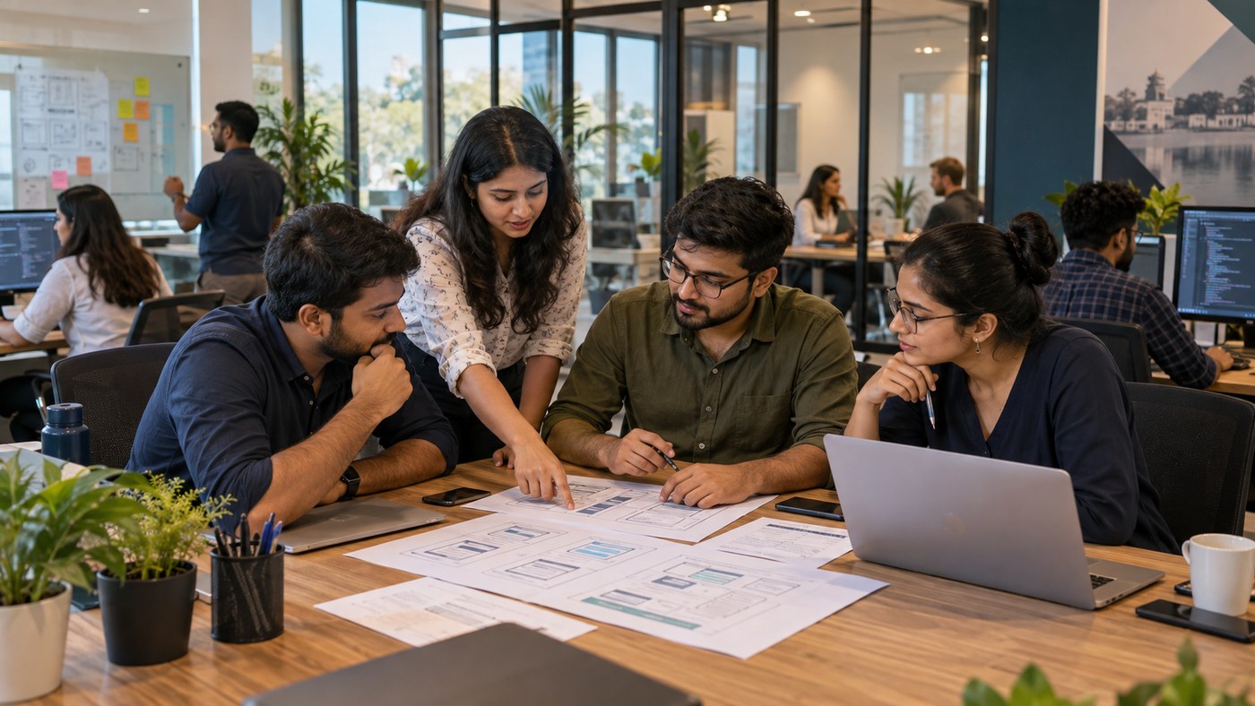 Backend engineering team collaborating on API architecture, terminal commands, and database schema diagrams