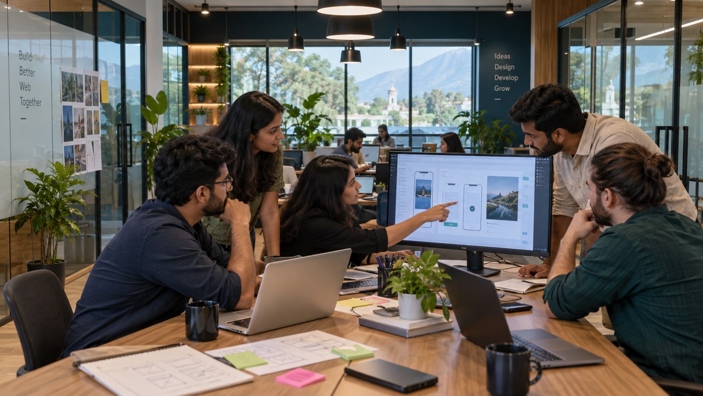 UI and UX design team analyzing mobile wireframes, responsive layouts, and design system tokens at dual-monitor workstation