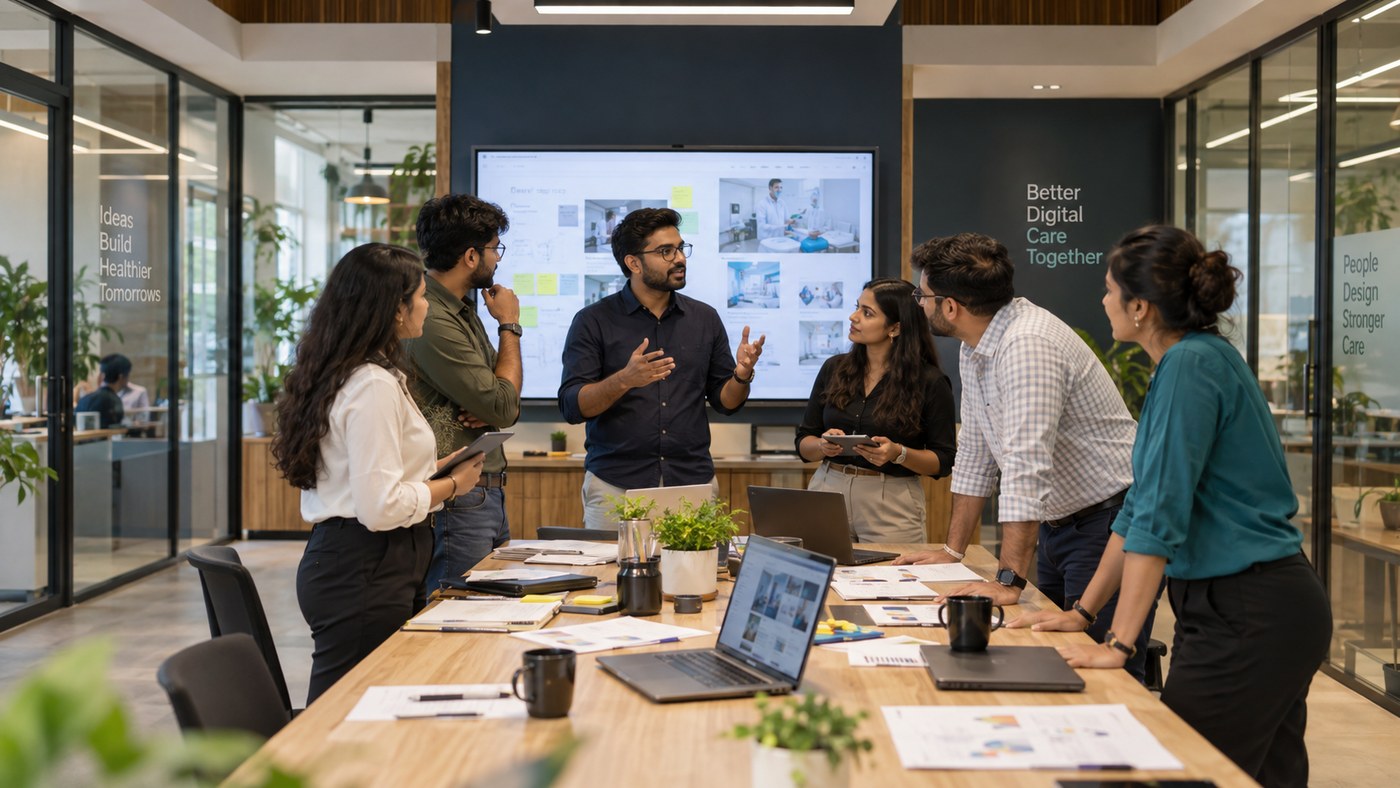 Clinical web developers and digital health specialists reviewing patient intake and doctor scheduling portal architecture