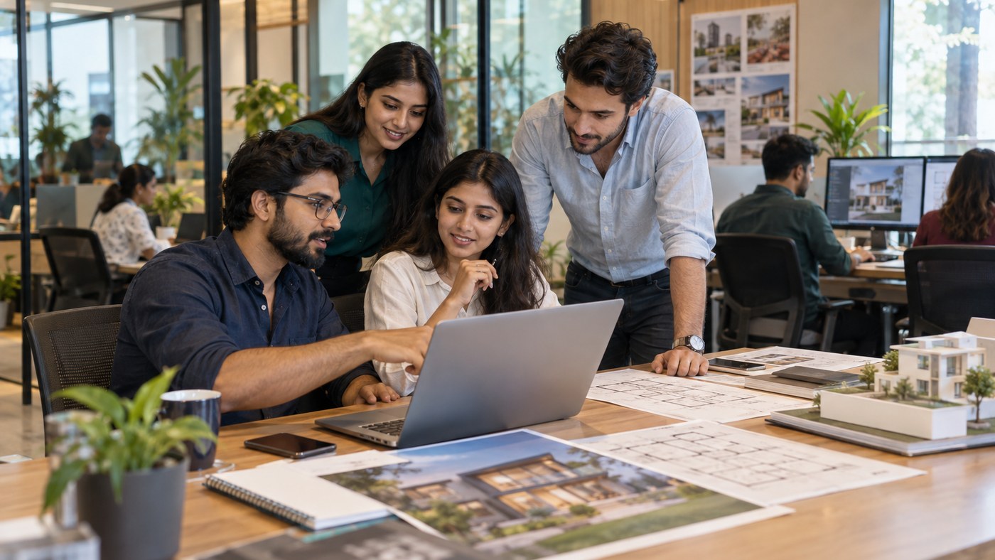 Digital marketing specialists and web designers reviewing luxury real estate qualification funnels and interactive site plans