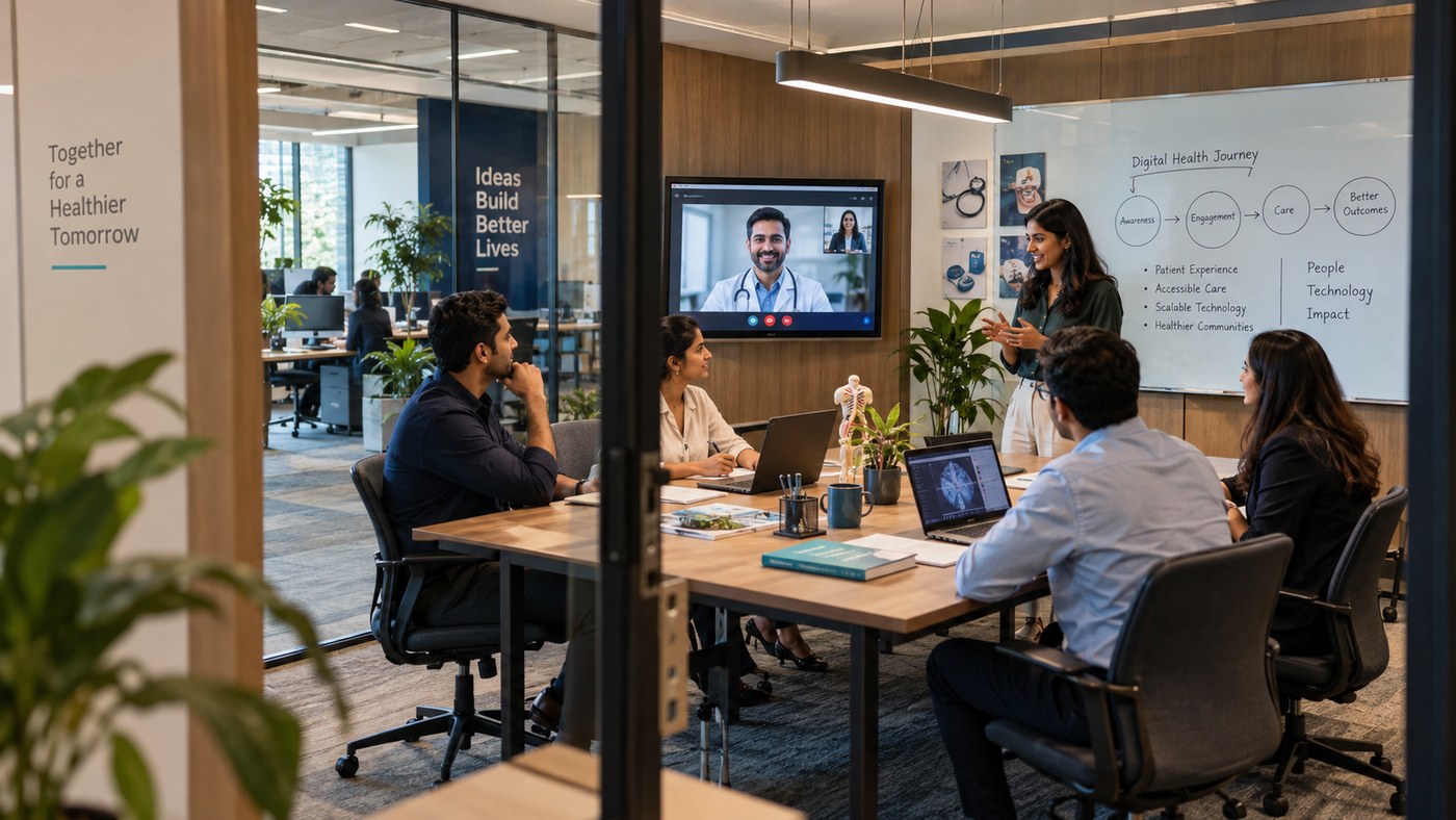 Clinical web developers and digital health specialists reviewing patient intake and doctor scheduling portal architecture