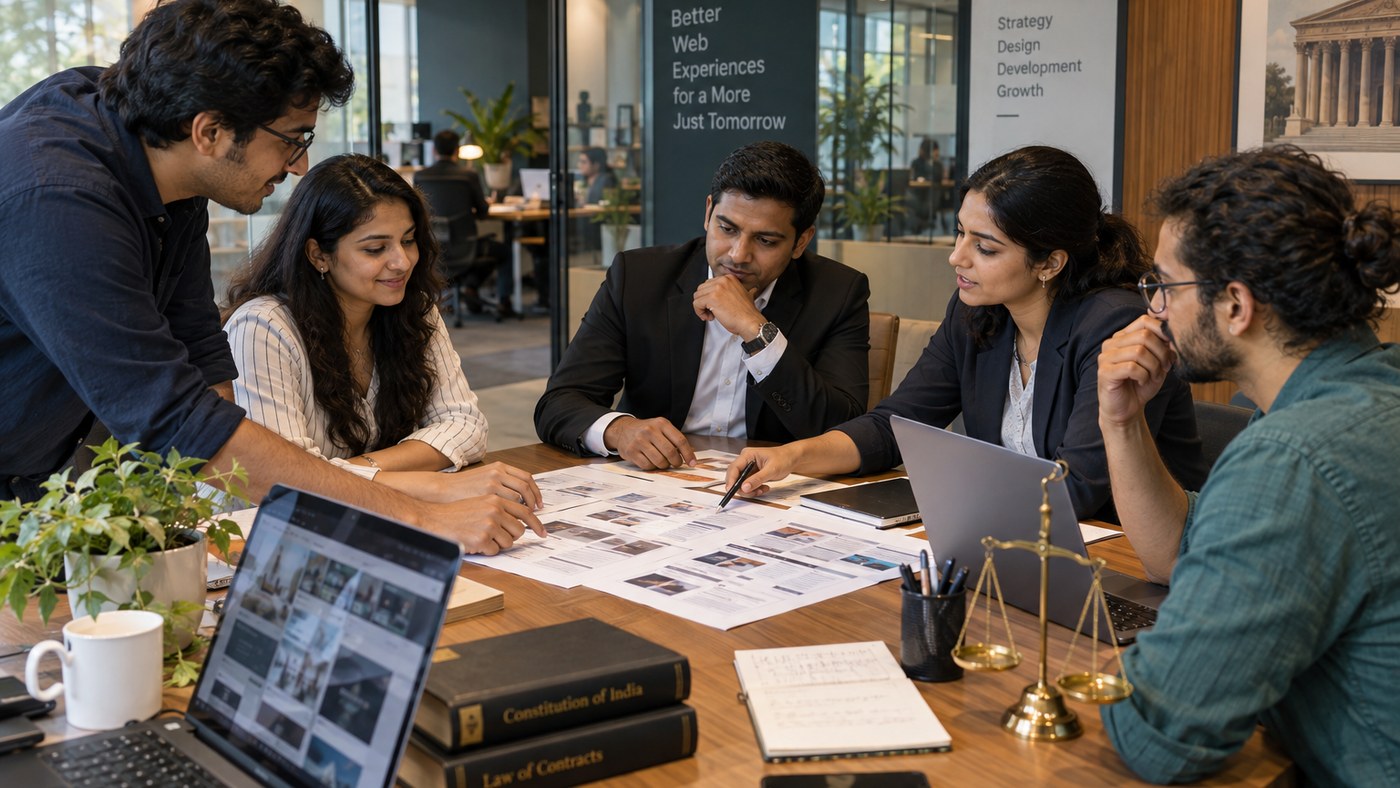 Corporate software consultants and digital advisors collaborating in boardroom on encrypted legal practice portals