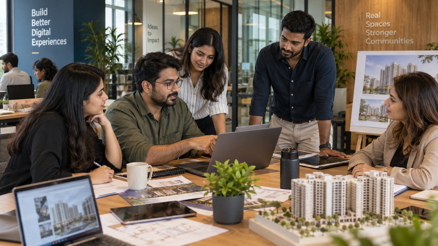 Digital marketing specialists and web designers reviewing luxury real estate qualification funnels and interactive site plans