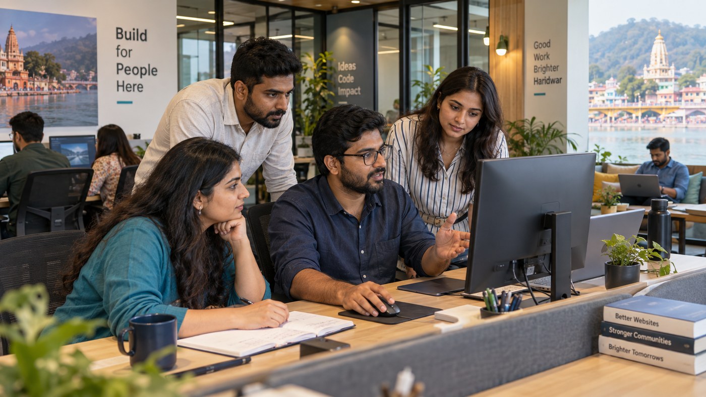 Industrial software engineers and systems developers collaborating on enterprise architectures in modern technical office