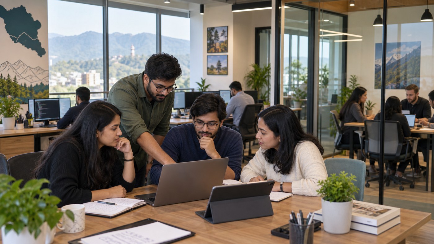 Digital marketing strategists and web software engineers collaborating in modern Dehradun technology office