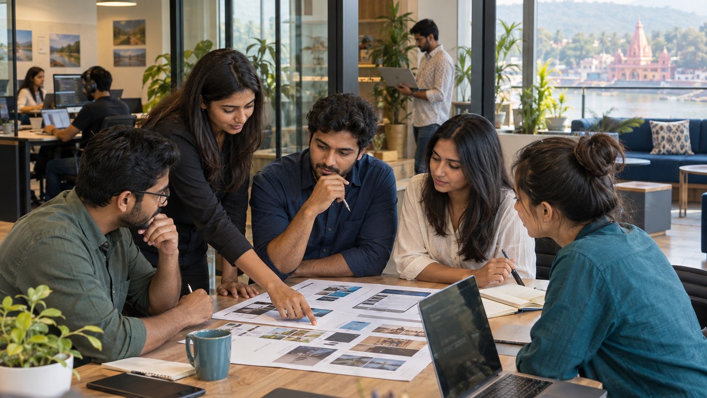 Industrial web engineering team and enterprise B2B consultants collaborating on manufacturing portals in modern conference room