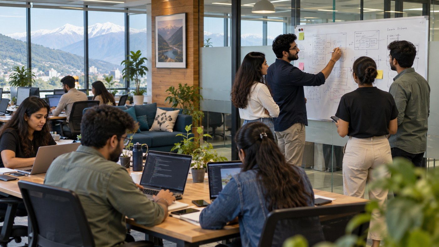 Software engineers and global account delivery directors collaborating on cross-border client platforms in modern open-plan office