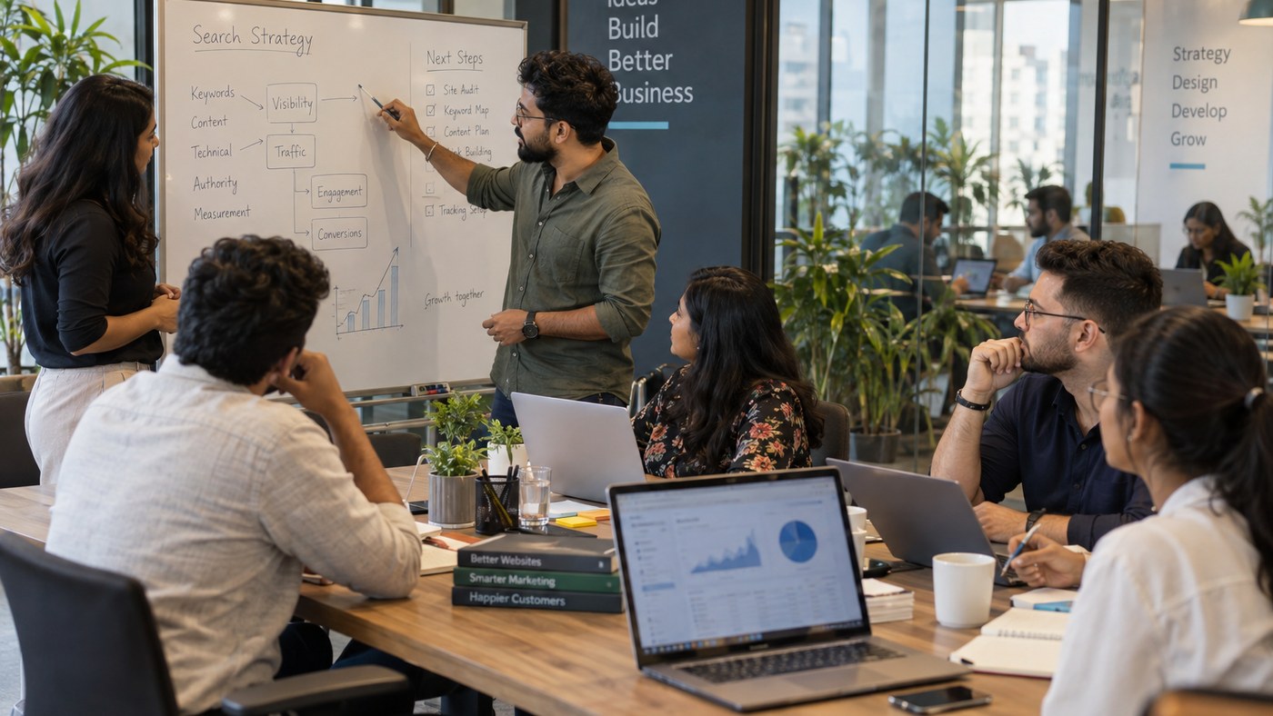 Digital marketing strategists reviewing search crawl logs, keyword ranking graphs, and technical audit data