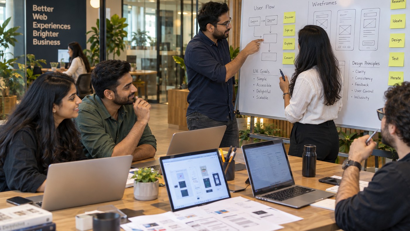UI UX design team collaborating around interactive wireframes and design system tokens on tablets and monitors