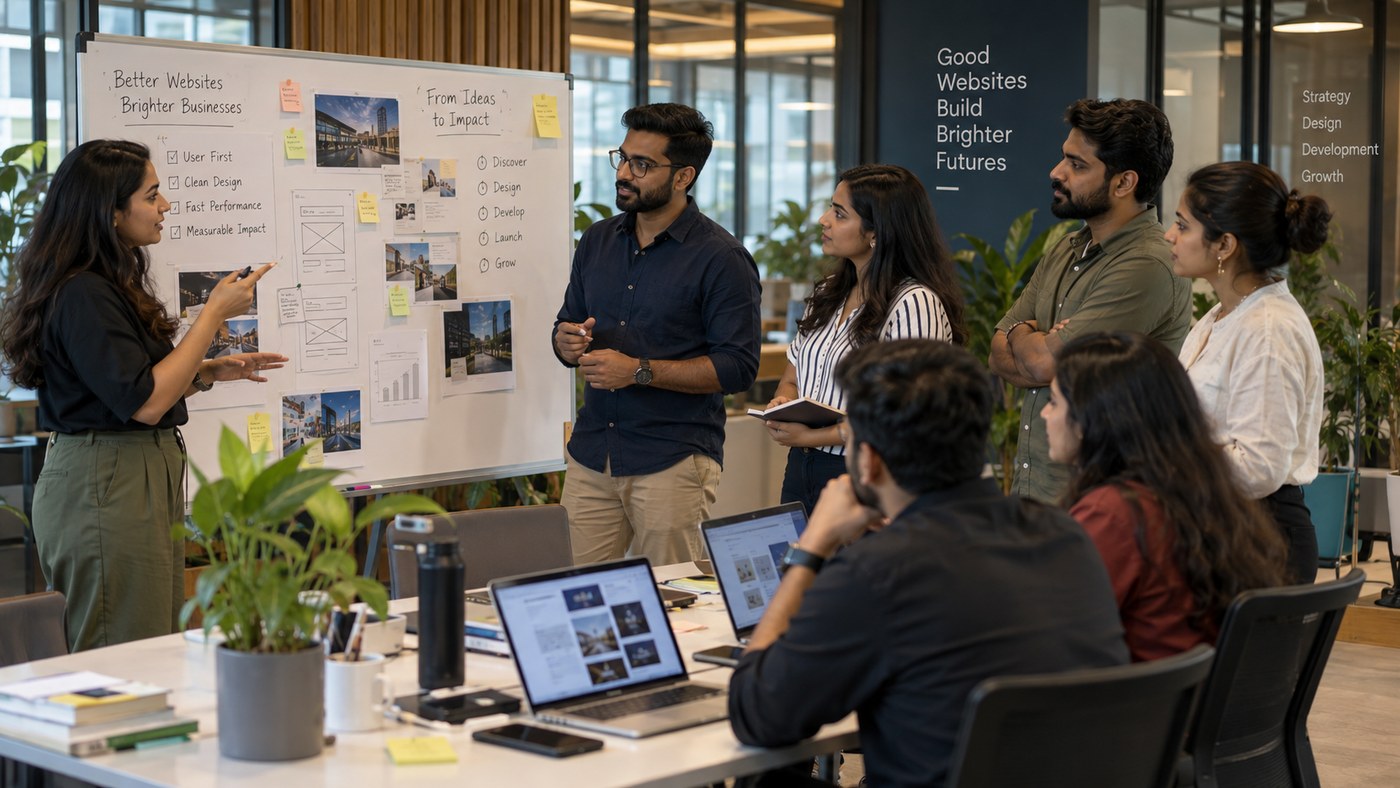 Web development engineers reviewing responsive corporate web architecture in a modern agency office