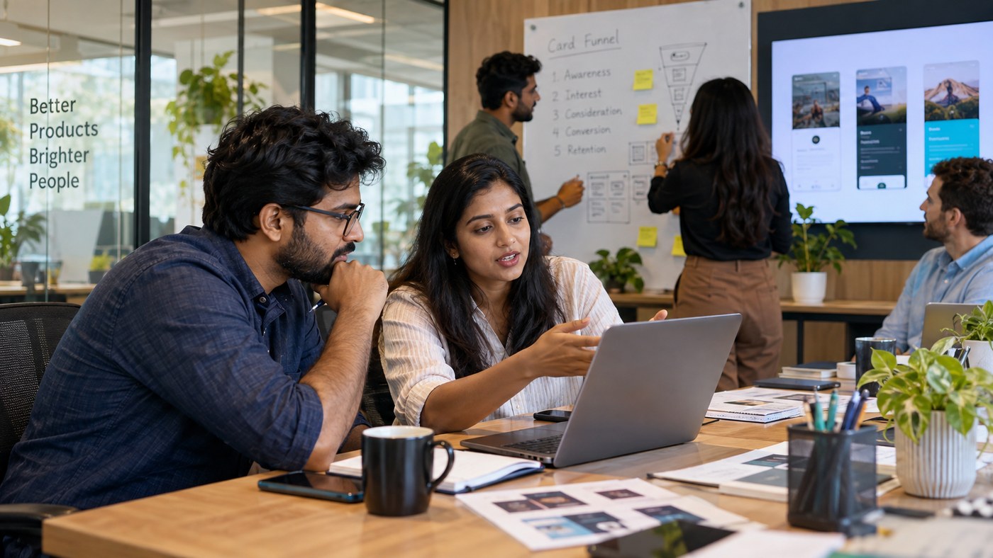 Digital marketing specialists analyzing B2B lead generation conversion funnel analytics