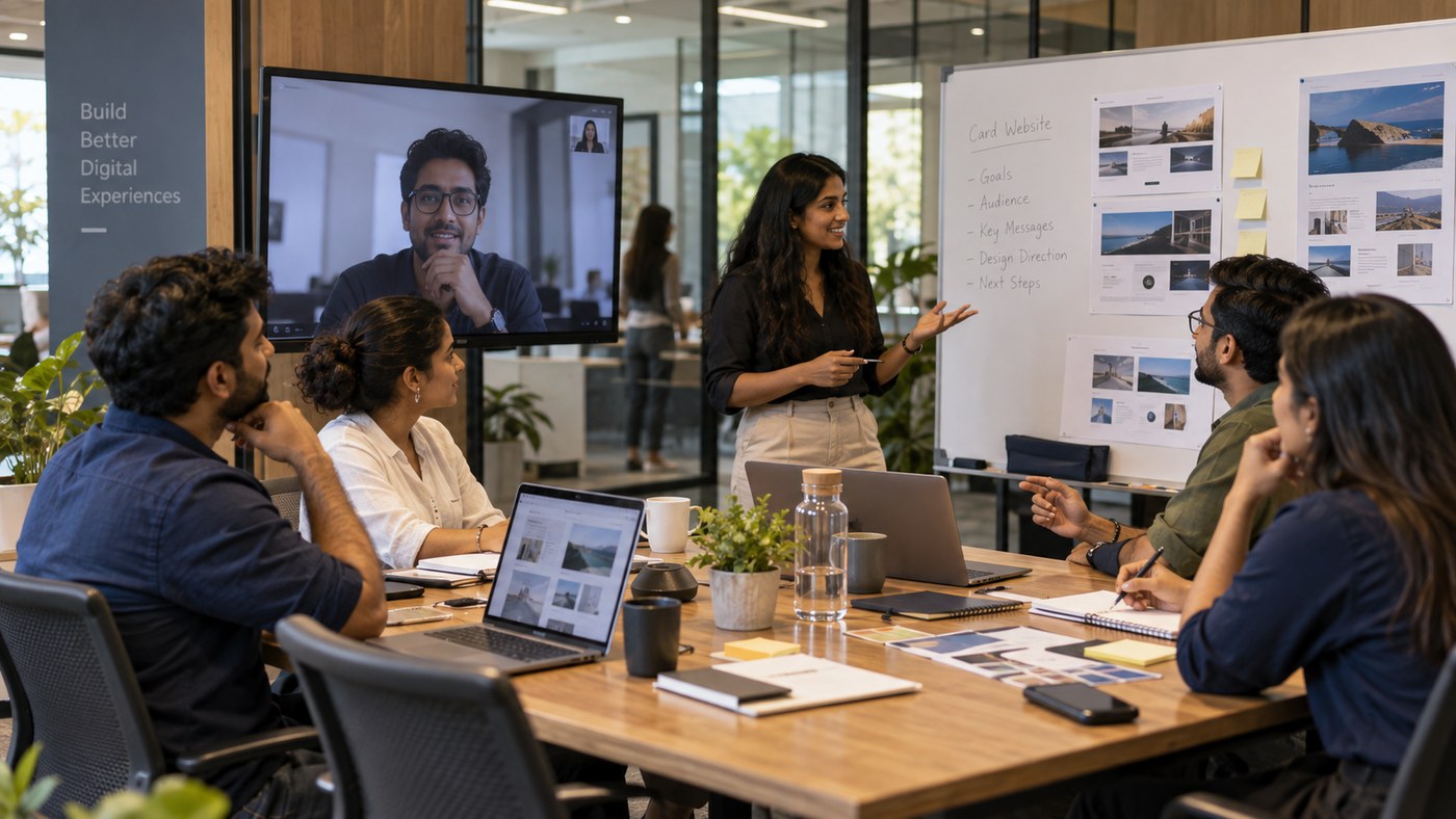 Web development engineers reviewing responsive corporate web architecture in a modern agency office