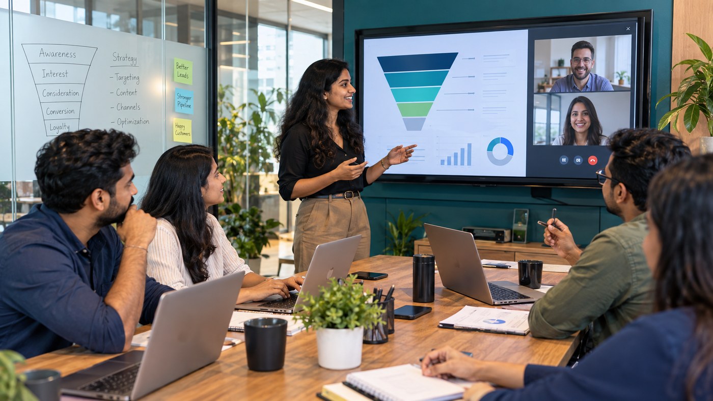 Digital marketing specialists analyzing B2B lead generation conversion funnel analytics