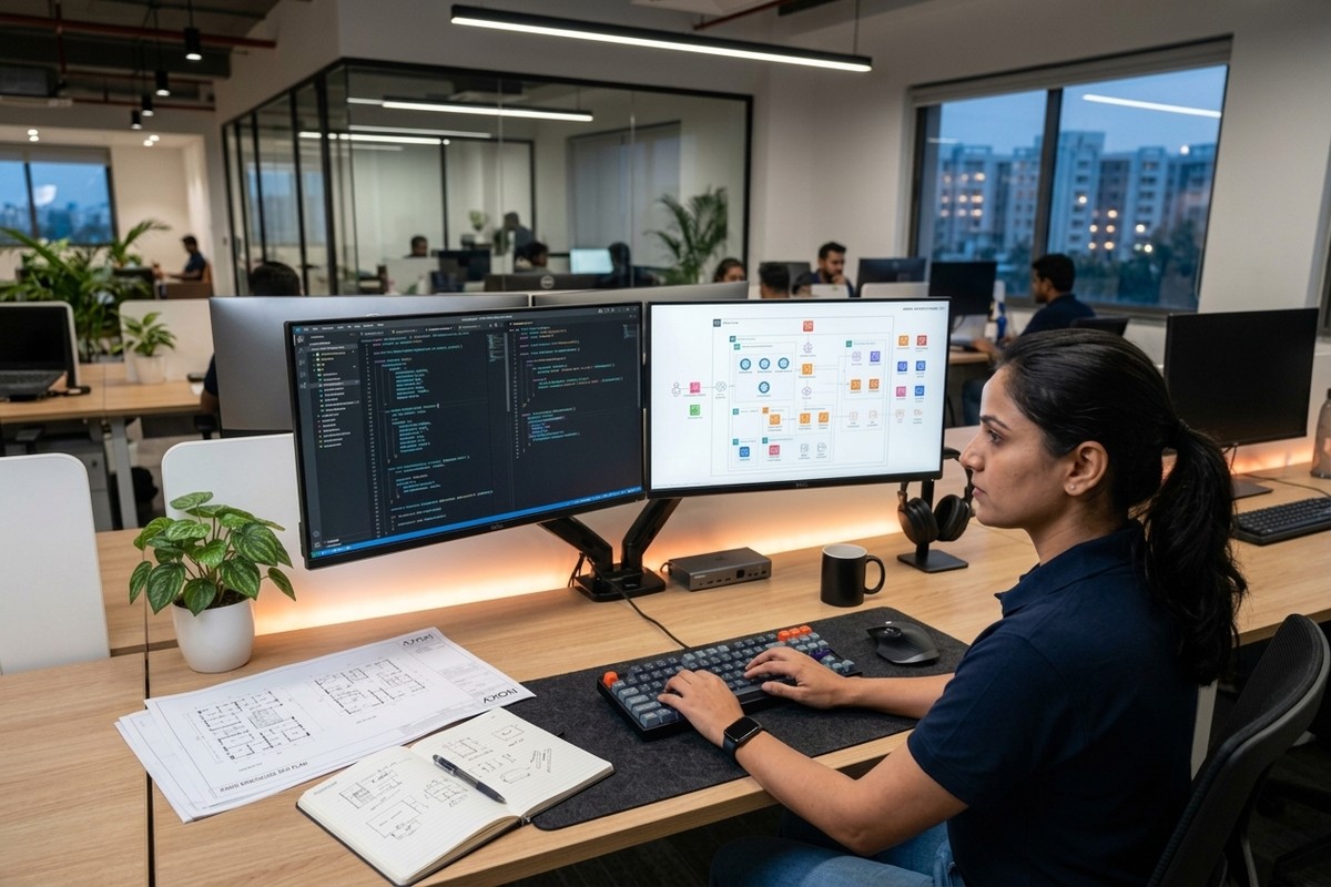 Software engineer architecting cloud systems and review semantic code on dual high-resolution displays at Webyfied Global studio