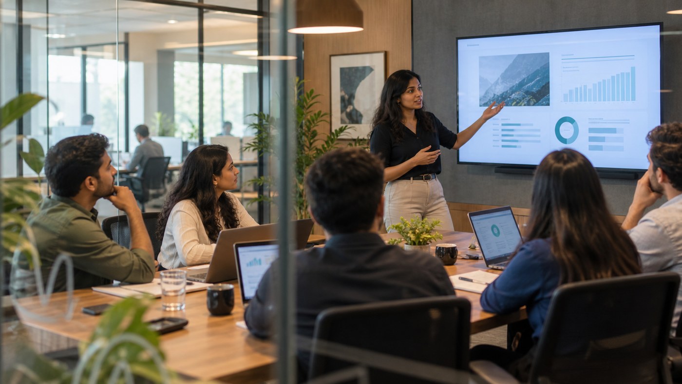 Technical SEO and AI search engineers analyzing knowledge graphs and entity schemas in modern tech office