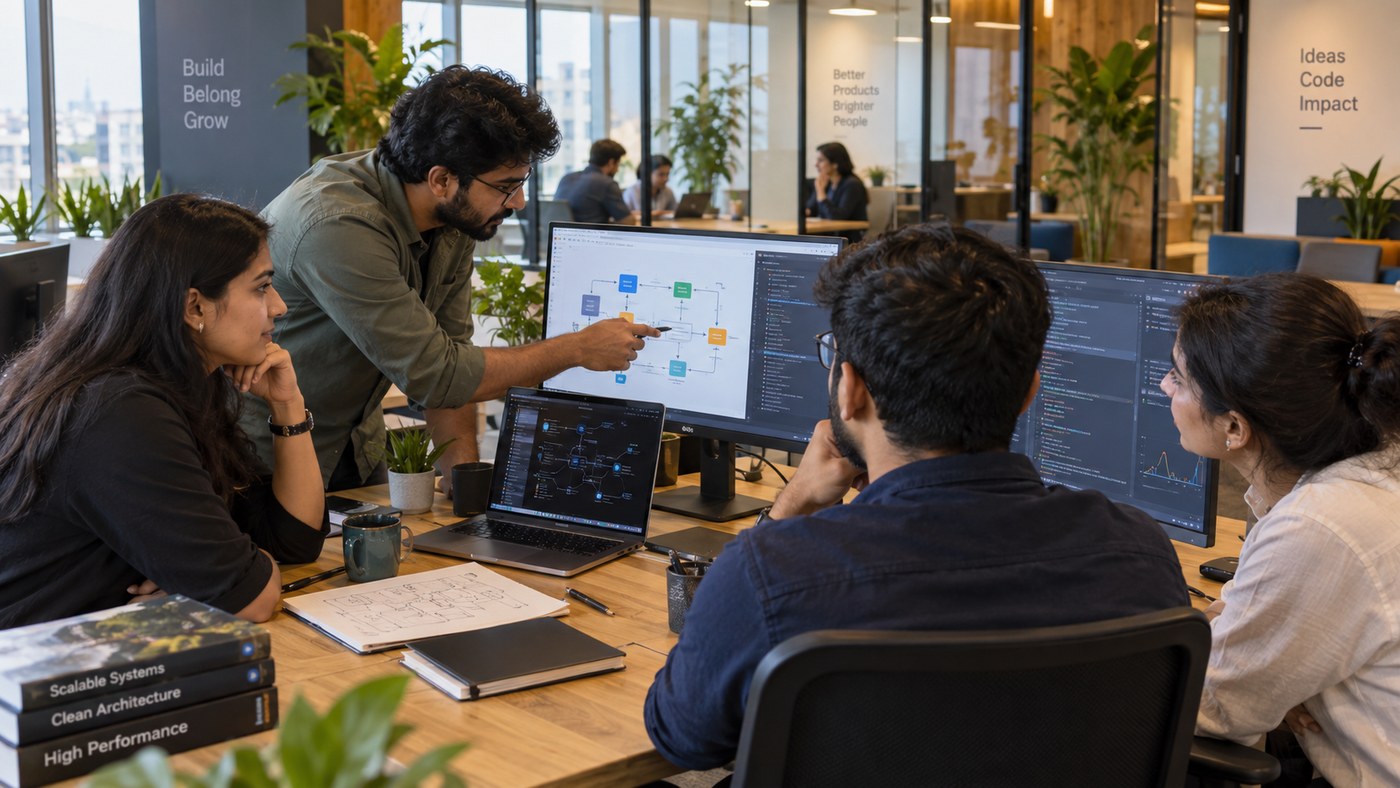 Web developers analyzing code performance, DOM trees, and Core Web Vitals at dual-monitor workstations