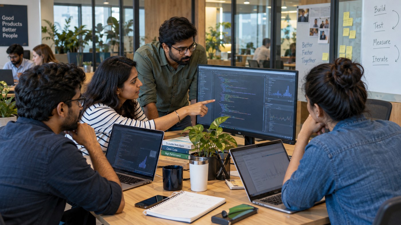 Web developer coding semantic HTML and CSS at dual-monitor engineering workstation