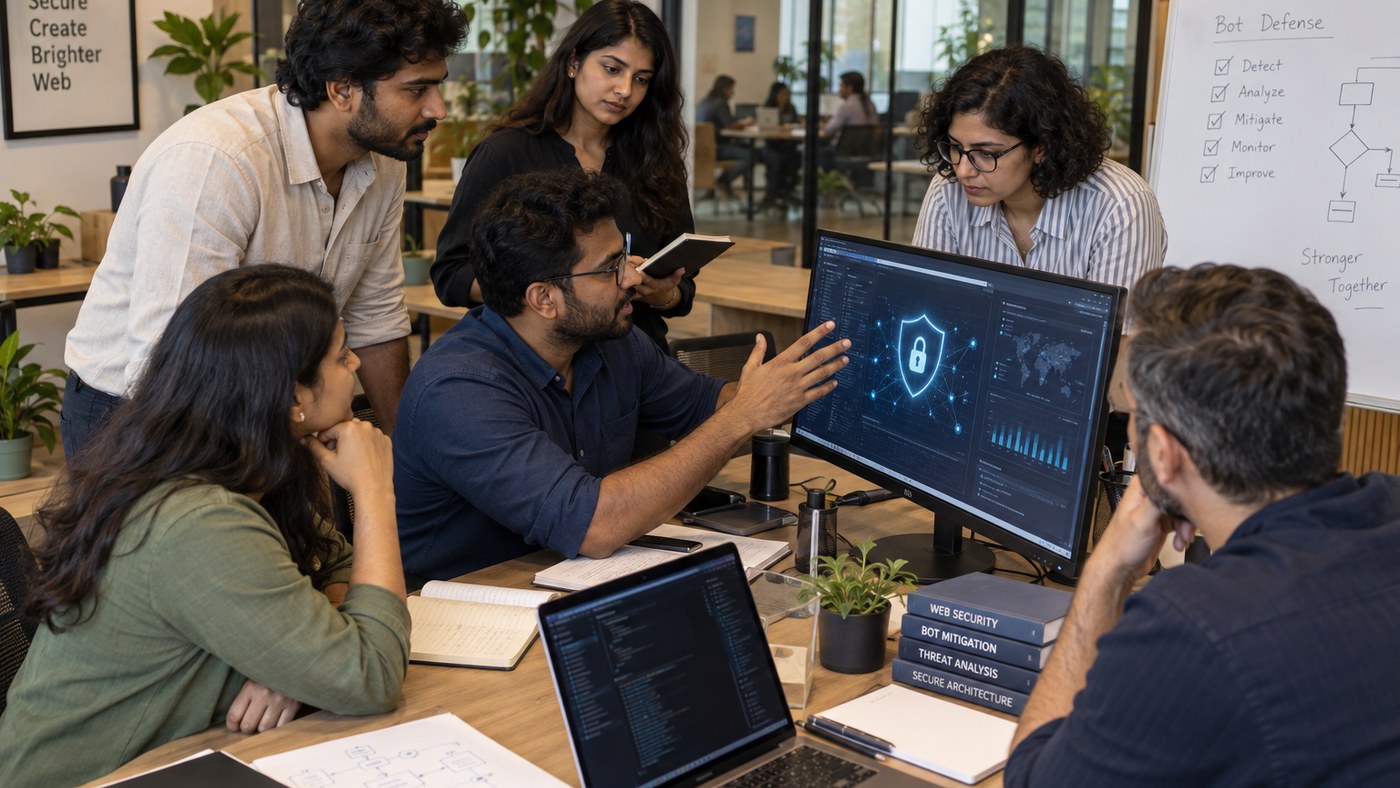 Technical leadership and infrastructure security council reviewing web application defense policies in conference room
